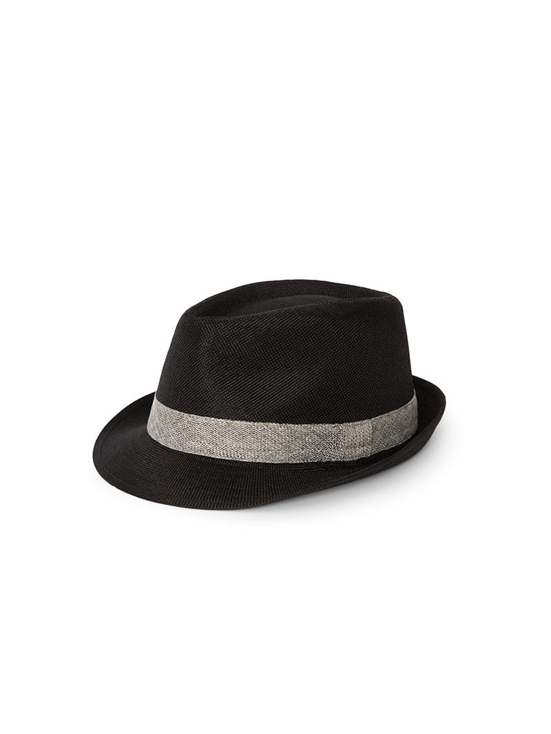 Black trilby hat with white band best sale