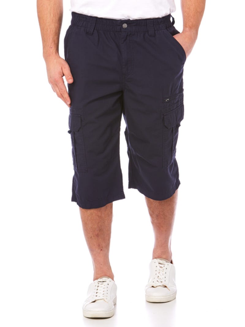 Cotton 3 4 Cargo Shorts Navy Elastic Waist